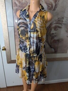 Lindi Sleeveless Tiered Button-Front Dress Abstract Print Size L